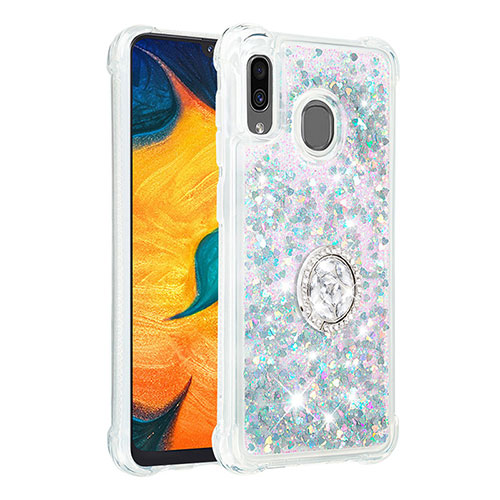 Silicone Candy Rubber TPU Bling-Bling Soft Case Cover with Finger Ring Stand S01 for Samsung Galaxy A20 Silver