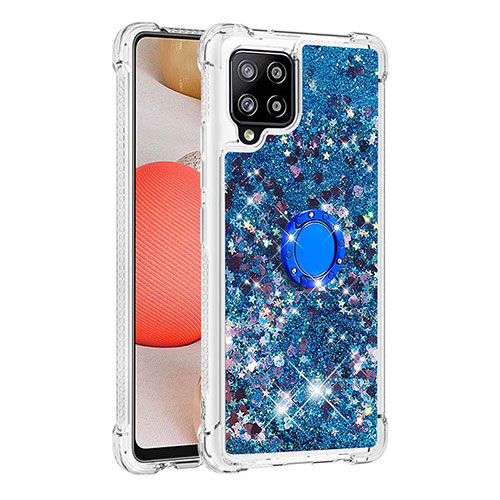 Silicone Candy Rubber TPU Bling-Bling Soft Case Cover with Finger Ring Stand S01 for Samsung Galaxy A42 5G Blue