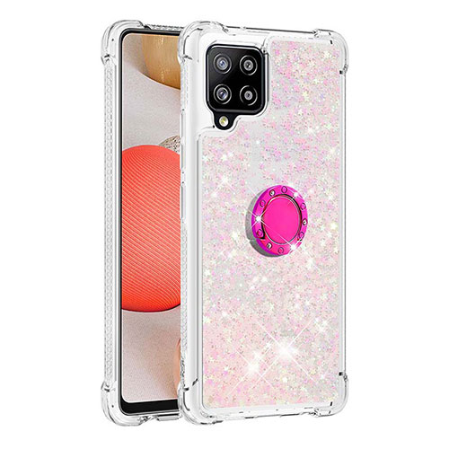 Silicone Candy Rubber TPU Bling-Bling Soft Case Cover with Finger Ring Stand S01 for Samsung Galaxy A42 5G Pink