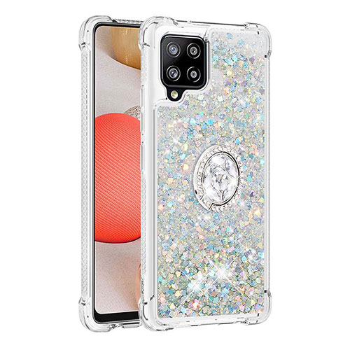 Silicone Candy Rubber TPU Bling-Bling Soft Case Cover with Finger Ring Stand S01 for Samsung Galaxy A42 5G Silver
