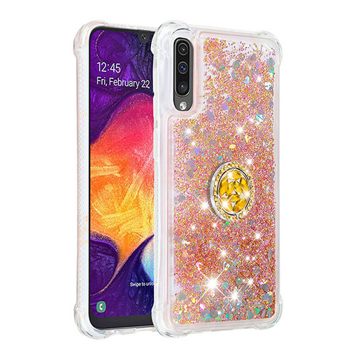 Silicone Candy Rubber TPU Bling-Bling Soft Case Cover with Finger Ring Stand S01 for Samsung Galaxy A50 Gold