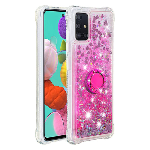 Silicone Candy Rubber TPU Bling-Bling Soft Case Cover with Finger Ring Stand S01 for Samsung Galaxy A51 5G Hot Pink