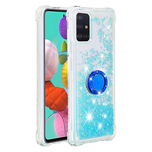 Silicone Candy Rubber TPU Bling-Bling Soft Case Cover with Finger Ring Stand S01 for Samsung Galaxy A51 5G Sky Blue