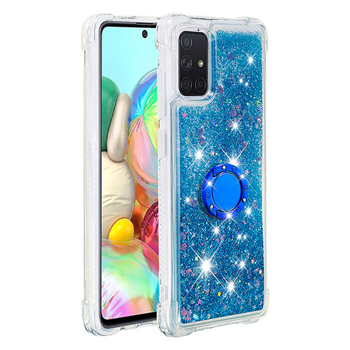 Silicone Candy Rubber TPU Bling-Bling Soft Case Cover with Finger Ring Stand S01 for Samsung Galaxy A71 5G Blue