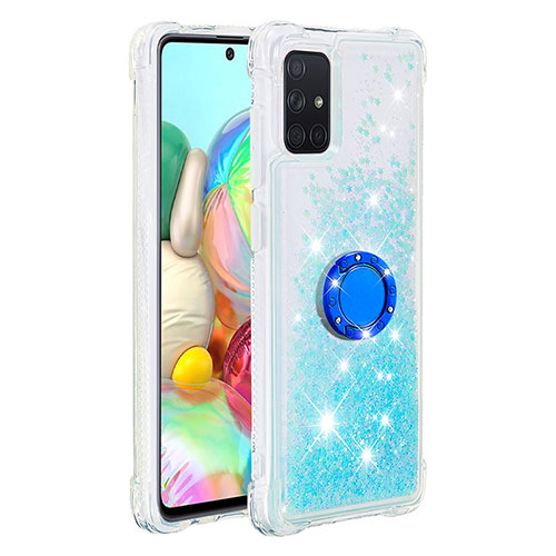 Silicone Candy Rubber TPU Bling-Bling Soft Case Cover with Finger Ring Stand S01 for Samsung Galaxy A71 5G Sky Blue