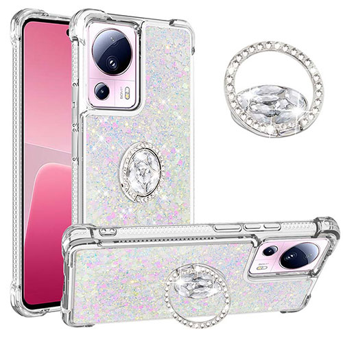 Silicone Candy Rubber TPU Bling-Bling Soft Case Cover with Finger Ring Stand S01 for Xiaomi Mi 13 Lite 5G Silver