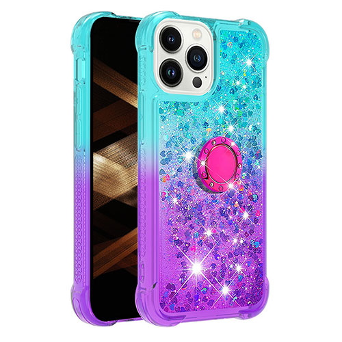 Silicone Candy Rubber TPU Bling-Bling Soft Case Cover with Finger Ring Stand S02 for Apple iPhone 14 Pro Sky Blue