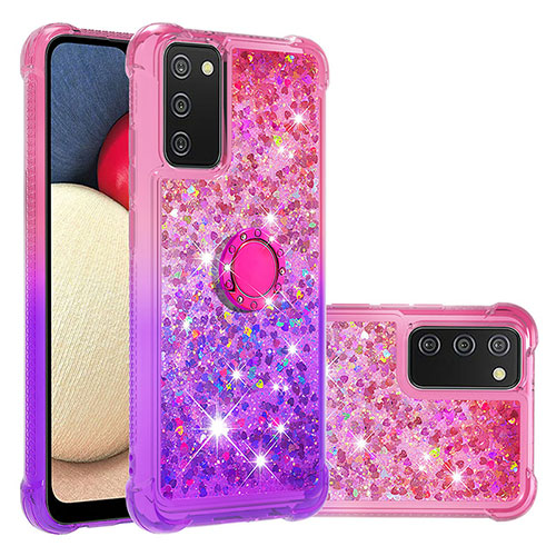 Silicone Candy Rubber TPU Bling-Bling Soft Case Cover with Finger Ring Stand S02 for Samsung Galaxy A02s Hot Pink