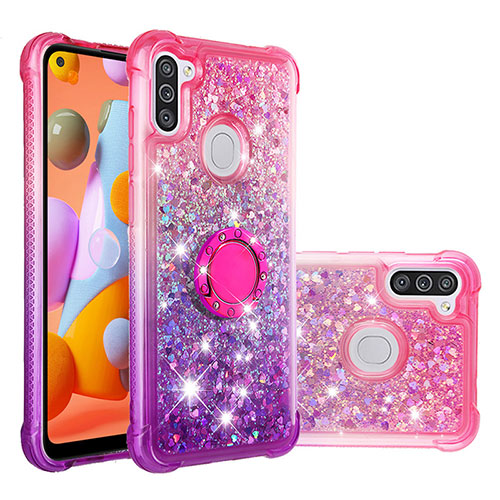 Silicone Candy Rubber TPU Bling-Bling Soft Case Cover with Finger Ring Stand S02 for Samsung Galaxy A11 Hot Pink