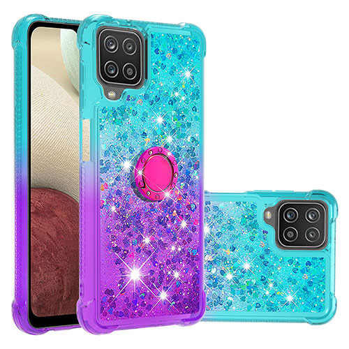 Silicone Candy Rubber TPU Bling-Bling Soft Case Cover with Finger Ring Stand S02 for Samsung Galaxy A12 Nacho Sky Blue
