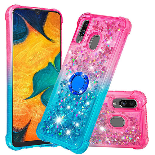 Silicone Candy Rubber TPU Bling-Bling Soft Case Cover with Finger Ring Stand S02 for Samsung Galaxy A20 Pink