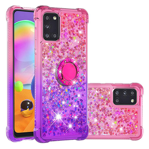 Silicone Candy Rubber TPU Bling-Bling Soft Case Cover with Finger Ring Stand S02 for Samsung Galaxy A31 Hot Pink