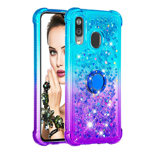 Silicone Candy Rubber TPU Bling-Bling Soft Case Cover with Finger Ring Stand S02 for Samsung Galaxy A40 Sky Blue
