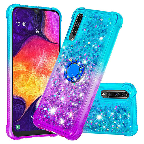 Silicone Candy Rubber TPU Bling-Bling Soft Case Cover with Finger Ring Stand S02 for Samsung Galaxy A50S Sky Blue