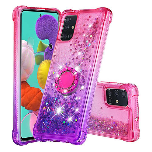 Silicone Candy Rubber TPU Bling-Bling Soft Case Cover with Finger Ring Stand S02 for Samsung Galaxy A51 4G Hot Pink