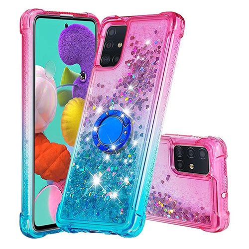 Silicone Candy Rubber TPU Bling-Bling Soft Case Cover with Finger Ring Stand S02 for Samsung Galaxy A51 4G Pink