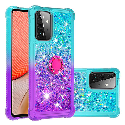 Silicone Candy Rubber TPU Bling-Bling Soft Case Cover with Finger Ring Stand S02 for Samsung Galaxy A72 5G Sky Blue