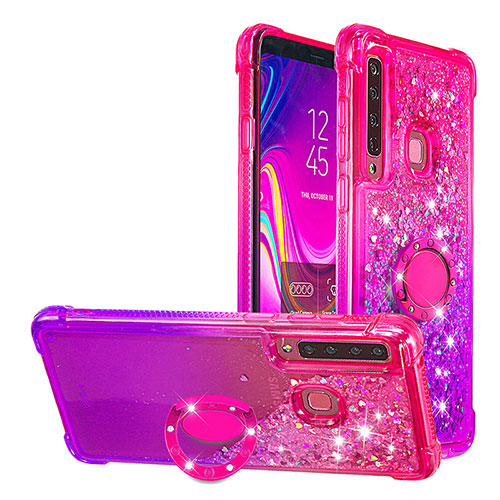 Silicone Candy Rubber TPU Bling-Bling Soft Case Cover with Finger Ring Stand S02 for Samsung Galaxy A9 (2018) A920 Hot Pink