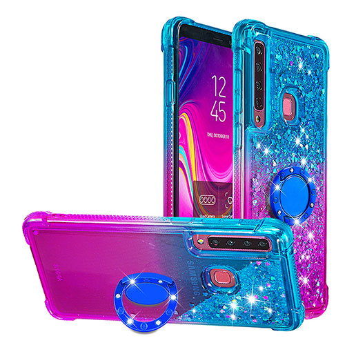 Silicone Candy Rubber TPU Bling-Bling Soft Case Cover with Finger Ring Stand S02 for Samsung Galaxy A9s Sky Blue