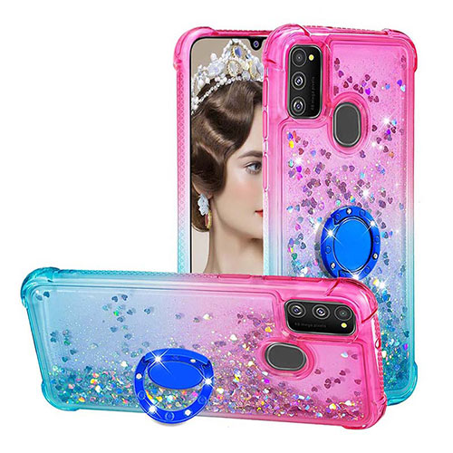 Silicone Candy Rubber TPU Bling-Bling Soft Case Cover with Finger Ring Stand S02 for Samsung Galaxy M21 Pink