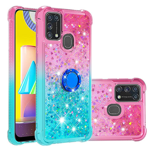 Silicone Candy Rubber TPU Bling-Bling Soft Case Cover with Finger Ring Stand S02 for Samsung Galaxy M21s Pink