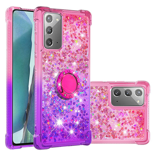 Silicone Candy Rubber TPU Bling-Bling Soft Case Cover with Finger Ring Stand S02 for Samsung Galaxy Note 20 5G Hot Pink