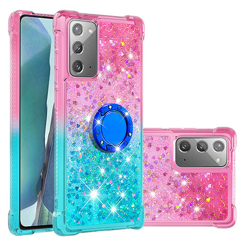Silicone Candy Rubber TPU Bling-Bling Soft Case Cover with Finger Ring Stand S02 for Samsung Galaxy Note 20 5G Pink