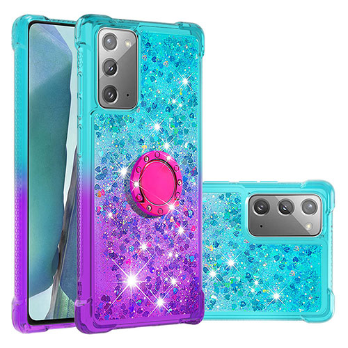 Silicone Candy Rubber TPU Bling-Bling Soft Case Cover with Finger Ring Stand S02 for Samsung Galaxy Note 20 5G Sky Blue