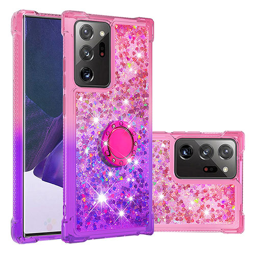 Silicone Candy Rubber TPU Bling-Bling Soft Case Cover with Finger Ring Stand S02 for Samsung Galaxy Note 20 Ultra 5G Hot Pink