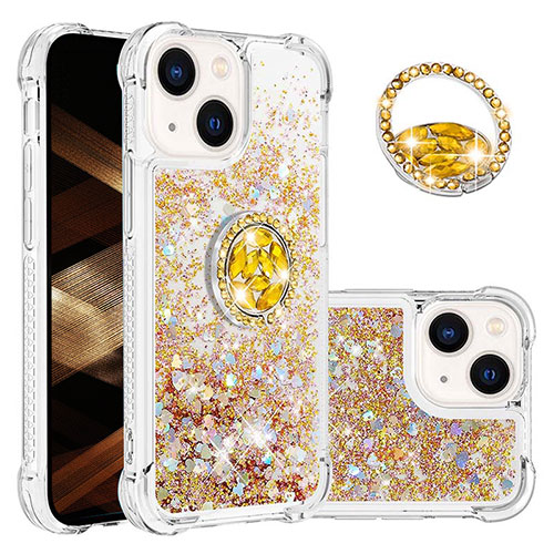 Silicone Candy Rubber TPU Bling-Bling Soft Case Cover with Finger Ring Stand S03 for Apple iPhone 14 Plus Gold
