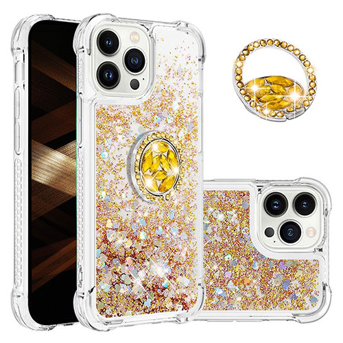 Silicone Candy Rubber TPU Bling-Bling Soft Case Cover with Finger Ring Stand S03 for Apple iPhone 14 Pro Gold