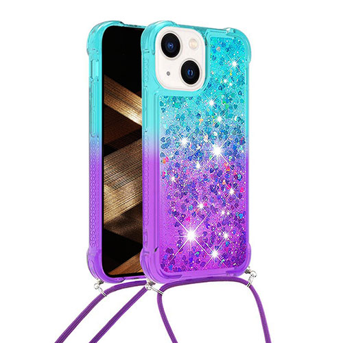 Silicone Candy Rubber TPU Bling-Bling Soft Case Cover with Lanyard Strap S01 for Apple iPhone 13 Sky Blue