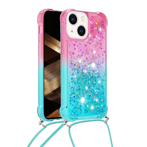 Silicone Candy Rubber TPU Bling-Bling Soft Case Cover with Lanyard Strap S01 for Apple iPhone 14 Pink