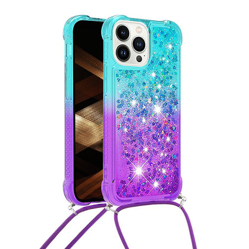 Silicone Candy Rubber TPU Bling-Bling Soft Case Cover with Lanyard Strap S01 for Apple iPhone 14 Pro Max Sky Blue