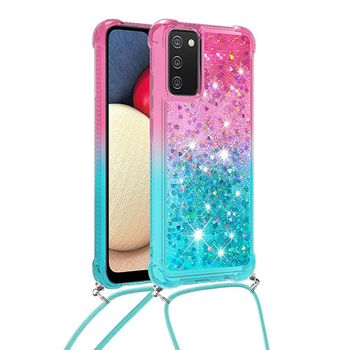 Silicone Candy Rubber TPU Bling-Bling Soft Case Cover with Lanyard Strap S01 for Samsung Galaxy A02s Pink
