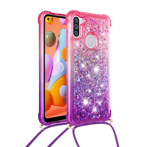 Silicone Candy Rubber TPU Bling-Bling Soft Case Cover with Lanyard Strap S01 for Samsung Galaxy A11 Hot Pink