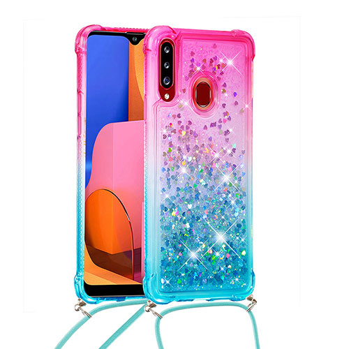 Silicone Candy Rubber TPU Bling-Bling Soft Case Cover with Lanyard Strap S01 for Samsung Galaxy A20s Pink