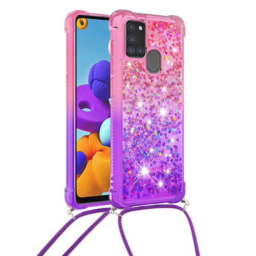 Silicone Candy Rubber TPU Bling-Bling Soft Case Cover with Lanyard Strap S01 for Samsung Galaxy A21s Hot Pink