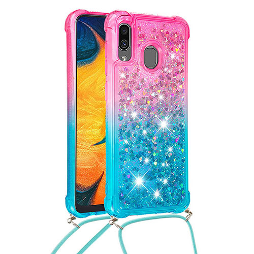 Silicone Candy Rubber TPU Bling-Bling Soft Case Cover with Lanyard Strap S01 for Samsung Galaxy A30 Pink