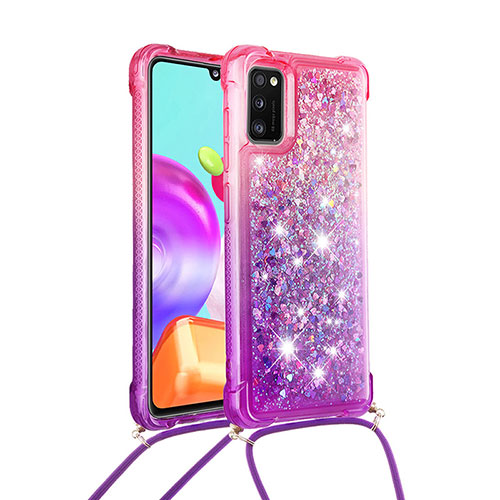 Silicone Candy Rubber TPU Bling-Bling Soft Case Cover with Lanyard Strap S01 for Samsung Galaxy A41 Hot Pink