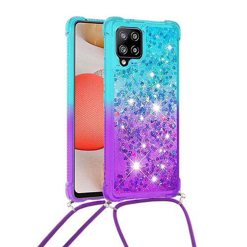Silicone Candy Rubber TPU Bling-Bling Soft Case Cover with Lanyard Strap S01 for Samsung Galaxy A42 5G Sky Blue