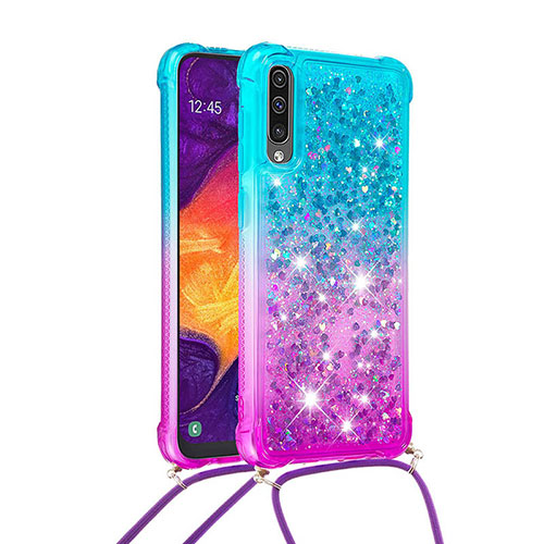 Silicone Candy Rubber TPU Bling-Bling Soft Case Cover with Lanyard Strap S01 for Samsung Galaxy A50 Sky Blue