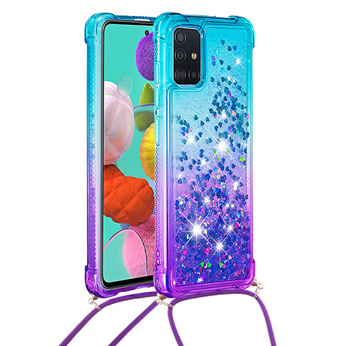 Silicone Candy Rubber TPU Bling-Bling Soft Case Cover with Lanyard Strap S01 for Samsung Galaxy A51 5G Sky Blue