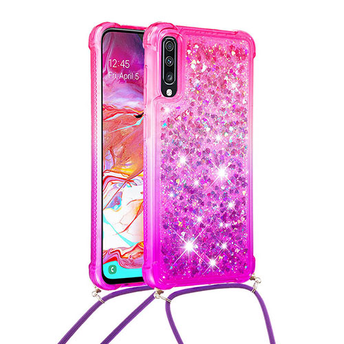 Silicone Candy Rubber TPU Bling-Bling Soft Case Cover with Lanyard Strap S01 for Samsung Galaxy A70 Hot Pink