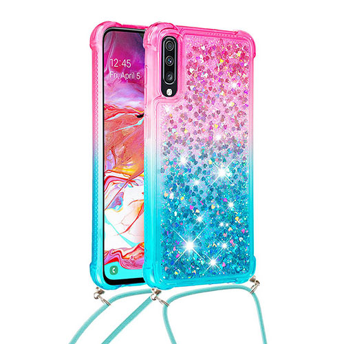 Silicone Candy Rubber TPU Bling-Bling Soft Case Cover with Lanyard Strap S01 for Samsung Galaxy A70 Pink