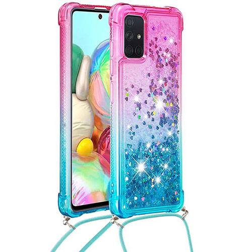 Silicone Candy Rubber TPU Bling-Bling Soft Case Cover with Lanyard Strap S01 for Samsung Galaxy A71 5G Pink