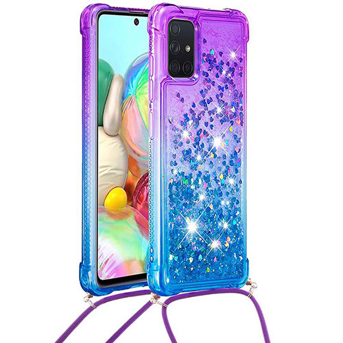 Silicone Candy Rubber TPU Bling-Bling Soft Case Cover with Lanyard Strap S01 for Samsung Galaxy A71 5G Purple