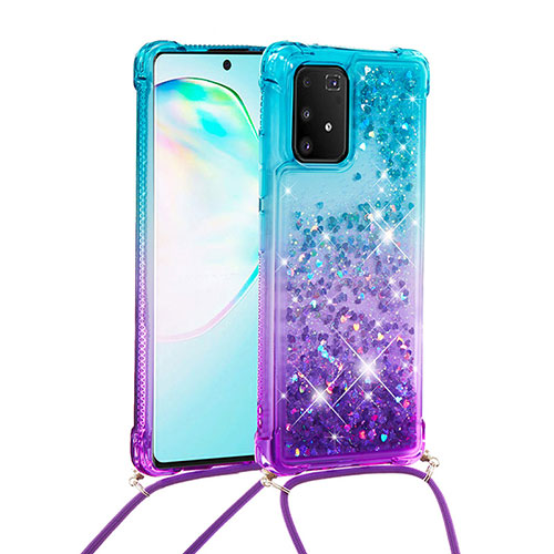 Silicone Candy Rubber TPU Bling-Bling Soft Case Cover with Lanyard Strap S01 for Samsung Galaxy A91 Sky Blue