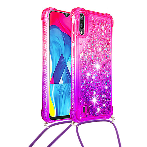 Silicone Candy Rubber TPU Bling-Bling Soft Case Cover with Lanyard Strap S01 for Samsung Galaxy M10 Hot Pink