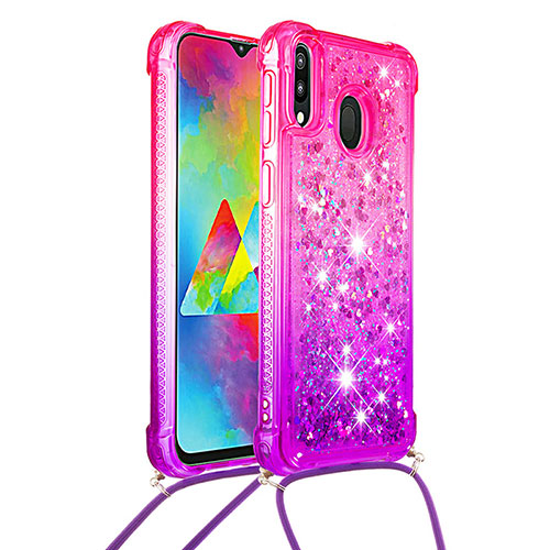 Silicone Candy Rubber TPU Bling-Bling Soft Case Cover with Lanyard Strap S01 for Samsung Galaxy M20 Hot Pink